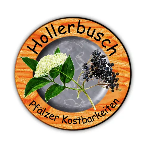Schriftzug Hollerbusch - Pfälzer Köstlichkeiten und daneben eine Abbildung von einer Holunderblüte und Holunderbeerendolde