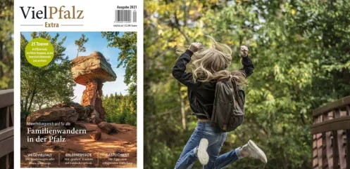 Cover Viel Pfalz Familienwandern Magazin mit Teufeltisch-Felsen und in die Luft springendes Kind