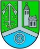Ein dreigeteiltes Wappen mit einem nach oben zeigenden Anker links und einer Kirche rechts, beide auf grünem Grund. Unten ein Rad auf blauem Grund.