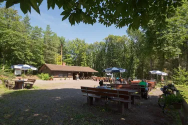 Eine gemütliche Terrasse mit Bänken und Sonnenschirmen in einem Waldgebiet. Im Hintergrund ist ein Holzgebäude sichtbar, umgeben von grüner Natur.