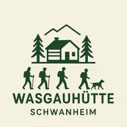 Ein Logo der Wasgauhütte in Schwanheim. Es zeigt wandernde Personen und eine Hütte umgeben von Bäumen und Bergen.