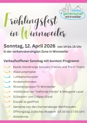 Das Bild zeigt ein Plakat für das Frühlingsfest in Winnweiler. Es enthält Informationen zu Veranstaltungen, Datum und Uhrzeit des Festes am 12. April 2026.