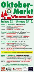 Ein Plakat für den Oktober-Markt in Winnweiler. Es zeigt Programmzeiten und Aktivitäten von Freitag bis Montag, einschließlich Unterhaltung und Festlichkeiten.