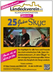 Ein Konzertplakat für das Jubiläum "25 Jahre Skye". Die Veranstaltung findet am 20. Juni 2026 um 20:30 Uhr statt und präsentiert irisch-schottische Folkmusik.