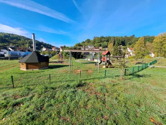 Ein Spielplatz mit Rutsche und Schaukel, umgeben von grüner Wiese. Im Hintergrund sind Bäume und einige Häuser sichtbar.
