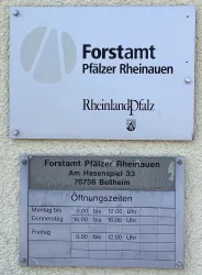 Ein Schild des Forstamts Pfälzer Rheinauen in Bellheim. Es enthält die Adresse und die Öffnungszeiten.