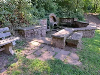 Eine Steinbank und ein kleiner Brunnen sind von Bäumen umgeben. Der Weg führt weiter in den Wald.