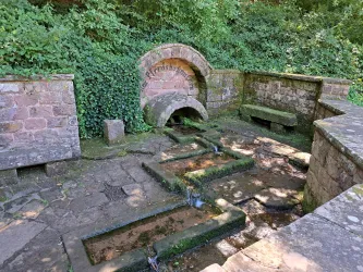 Ein historischer Brunnen mit Steinarbeiten und einer begrünten Umgebung. Es gibt Bänke und Wasserbecken aus Naturstein.