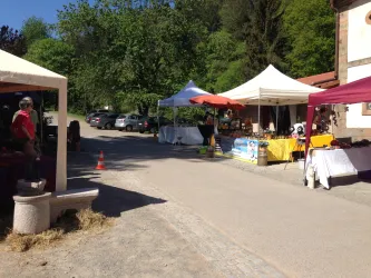 Ein kleiner Markt mit unterschiedlichen Ständen und Zelten an einer Straße. Im Hintergrund sind Bäume und eine ländliche Umgebung zu sehen.