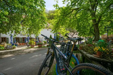 Fahrräder stehen an einem Weg, umgeben von grünem Laub. Im Hintergrund sieht man ein gemütliches Restaurant mit Gästen.