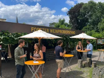 Eine Weinprobe im Freien mit mehreren Tischen und Sonnenschirmen. Menschen genießen den Wein und die entspannte Atmosphäre in einem schönen Garten.
