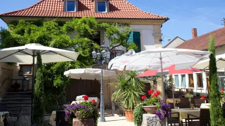 Ein gemütlicher Innenhof mit Tischen und Stühlen, umgeben von Blumen und Pflanzen. Sonnenschirme sorgen für Schatten an einem sonnigen Tag.