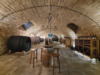 Ein gemütlicher Weinkeller mit Steinmauern und Holzfässern. Regale mit Weinflaschen und ein Tisch schaffen eine einladende Atmosphäre.