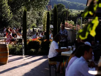 Eine lebhafte Außenrestaurant-Szenerie mit Gästen, die an Tischen sitzen und essen. Im Hintergrund sind Weinberge und Bäume zu sehen.