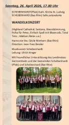 Ein Veranstaltungsplakat für ein Wandelkonzert in Scheibenhardt, mit Datum und Uhrzeit. Es zeigt eine Gruppe von Musikern in uniformen Outfits.