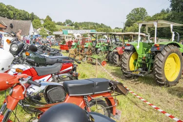 Eine Vielzahl von Traktoren und Motorrädern steht auf einem großen Gelände. Der Hintergrund zeigt eine grüne Landschaft mit Bäumen.