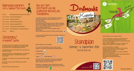 Ein Flyer für den Dorfmarkt in Kappeln mit Programm und Standplan. Der Markt findet am Sonntag, den 6. September 2026, statt.