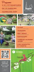 Ein Veranstaltungsflyer für das Kappeln-Event mit Informationen zu Programm und Aktivitäten. Er zeigt vielfältige Stände, Live-Musik und eine kinderfreundliche Atmosphäre.