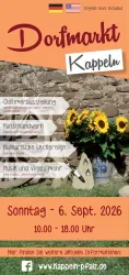 Ein farbenfrohes Plakat für den Dorfmarkt in Kappeln. Es zeigt Informationen zu Ausstellungen, Kunsthandwerk, kulinarischen Leckerbissen und Musik am 6. September 2026.