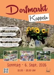 Ein Plakat für den Dorfmarkt in Kappeln mit bunten Sunflowers und Bildern vom Marktgeschehen. Der Markt findet am Sonntag, den 6. September 2026, von 10:00 bis 18:00 Uhr statt.