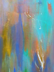 Ein abstractes Gemälde mit kräftigen Farben in Blau, Orange und Gelb. Die Farben verlaufen ineinander und erzeugen eine dynamische Textur.