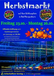 Ein Werbeplakat für den Herbstmarkt in Bad Bergzabern. Es zeigt die Daten der Veranstaltung und Informationen zur offiziellen Eröffnung.