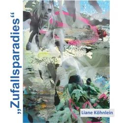 Ein abstraktes Kunstwerk mit verschiedenen Farben und Formen. Der Titel "Zufallsparadies" und der Name der Künstlerin Liane Köhnlein sind sichtbar.