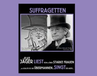 Das Bild zeigt eine grafische Darstellung von zwei starken Frauen in Hüten. Darunter steht der Text über das Lesen und Singen starker Frauen.