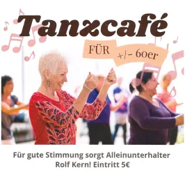 Ein fröhliches Tanzcafé für Menschen über 60. Teilnehmer tanzen und genießen die Musik in geselliger Runde.