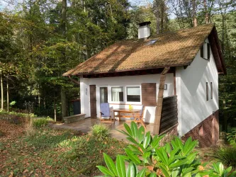 Ein gemütliches Häuschen inmitten von Bäumen. Die Veranda lädt zum Entspannen ein.