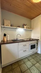 Eine kleine Küche mit einer Arbeitsplatte, einem Spülbecken und einem Herd. Die Wände sind hell, und das Bodenmuster ist grün.