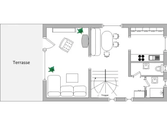 Eine einfache Grundrisszeichnung einer Wohnung mit einem Wohnzimmer, einer Küche und einer Terrasse. Die Möbel und der Raum sind schematisch dargestellt.