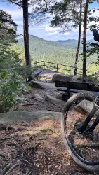 Eine malerische Aussicht auf bewaldete Hügel und Berge. Im Vordergrund steht ein Fahrrad auf einem Waldweg.
