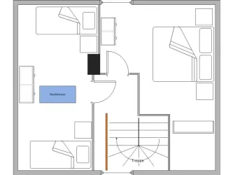 Ein Grundriss eines Raumes mit vier Betten und einem Dachfenster. Die Treppe befindet sich an der rechten Seite des Plans.