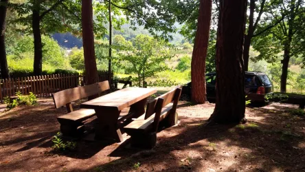 Ein idyllischer Garten mit einem Holztisch und Bänken unter Bäumen. Im Hintergrund sind grüne Wiesen und ein Auto zu sehen.