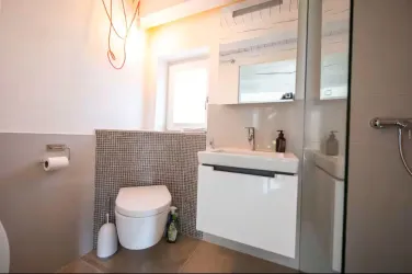 Ein modernes Badezimmer mit einem weißen WC und Waschbecken. Die Wände sind hell und eine Mosaik-Fliese ist im Raum integriert.