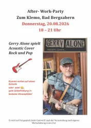 Ein Werbeplakat für eine After-Work-Party mit Informationen über den Veranstaltungsort und die Uhrzeit. Ein Musiker spielt akustische Cover von Rock und Pop.