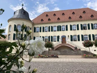 Ein schönes historisches Gebäude mit grünen Fensterläden. Im Vordergrund blühen weiße Rosen und der Platz ist mit Blumen geschmückt.