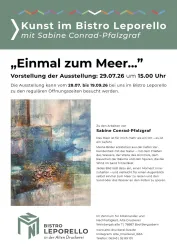 Ein Plakat für eine Kunstausstellung im Bistro Leporello. Die Ausstellung zeigt Werke von Sabine Conrad-Pfalzgraf und läuft vom 28.07. bis 19.09.2026.