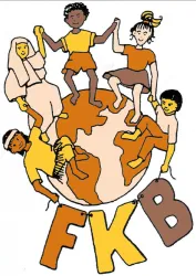 Eine Gruppe von fünf Kindern unterschiedlichen Hintergrunds steht auf einer stilisierten Erdkugel. Sie halten sich an den Händen und zeigen ein Zeichen für Gemeinschaft und Vielfalt.