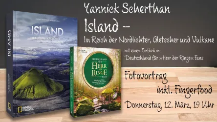 Zwei Bücher über Island und "Herr der Ringe" stehen auf einem Tisch. Ankündigung eines Fotovortrags mit Fingerfood am 12. März.