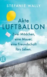 Ein hellblauer Himmel mit einer gelben Luftballon und einer Mauer im Vordergrund. Der Titel des Buches "Akte Luftballon" sowie der Autorinnenname sind sichtbar.