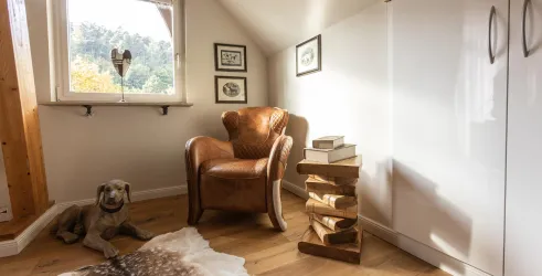 Ein gemütlicher Raum mit einem bequemen Sessel und einem Hund auf dem Boden. Auf einem Holzstapel liegen einige Bücher und der Raum ist hell erleuchtet durch das Fenster.