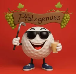 Ein fröhlicher Golfball mit Sonnenbrille hält einen Golfschläger und ein Getränk. Im Hintergrund steht der Schriftzug "Pfalzgenuss" mit Trauben.