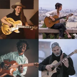 Vier Musiker spielen Gitarre in verschiedenen Umgebungen. Jeder Künstler hat seinen eigenen Stil und Ausdruck.