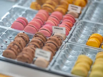 Bunte Macarons in verschiedenen Geschmacksrichtungen, angeordnet in einer Vitrine. Die Farben reichen von rosa und gelb bis zu braun und orange.