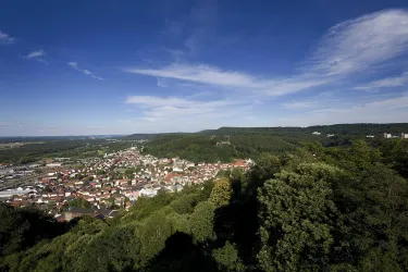 Eine weite Aussicht auf eine Stadt umgeben von grünen Wäldern unter einem klaren blauen Himmel. Die Häuser sind malerisch angeordnet, und die Landschaft erstreckt sich bis zum Horizont.