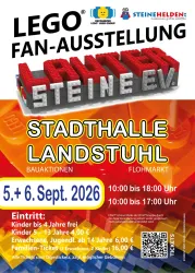 Eine LEGO-Fan-Ausstellung in der Stadthalle Landstuhl. Die Veranstaltung findet am 5. und 6. September 2026 statt und bietet Bauaktionen sowie einen Flohmarkt.