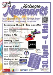 Ein Werbeplakat für den Sickingen Maifest mit Veranstaltungen vom 30. April bis 4. Mai. Es zeigt verschiedene Aktivitäten, darunter Tanz, Musik und kulinarische Genüsse.