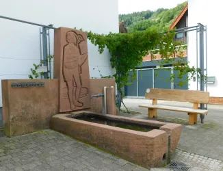 Ein steinerner Brunnen mit einer reliefartigen Darstellung einer Figur. Daneben befindet sich eine Holzbank und etwas Grünzeug.